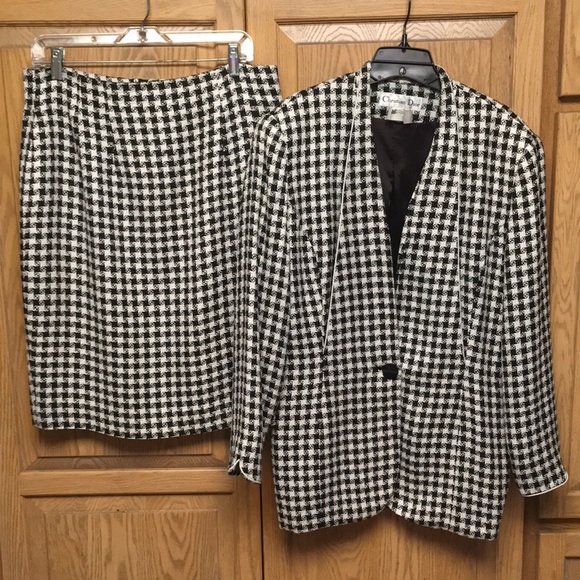 Christian Dior Houndstooth Suit Skirt Black White